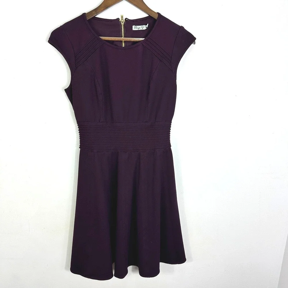 Eliza J Fit and Flare Dress Womens 8 Purple Smocked‎ Waist Pintuck Cocktail Work